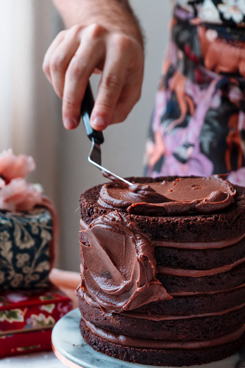 CHOCOLATE CAKE WITH CREAMY BLACKBERRY FILLING AND CHOCOLATE GANACHE