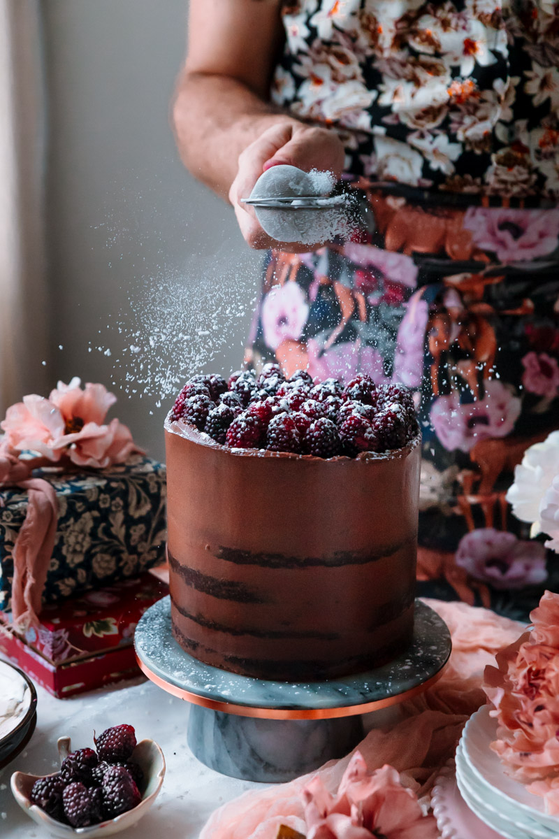 CHOCOLATE CAKE WITH CREAMY BLACKBERRY FILLING AND CHOCOLATE GANACHE